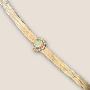 Retro 80s Herringbone Necklace With Rhinestone Accent Adjustable 14-16 Inches